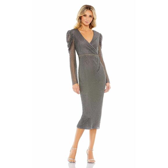 NWT SZ 16 Mac Duggal Beaded Puff Sleeve Sheath Dress 93674
